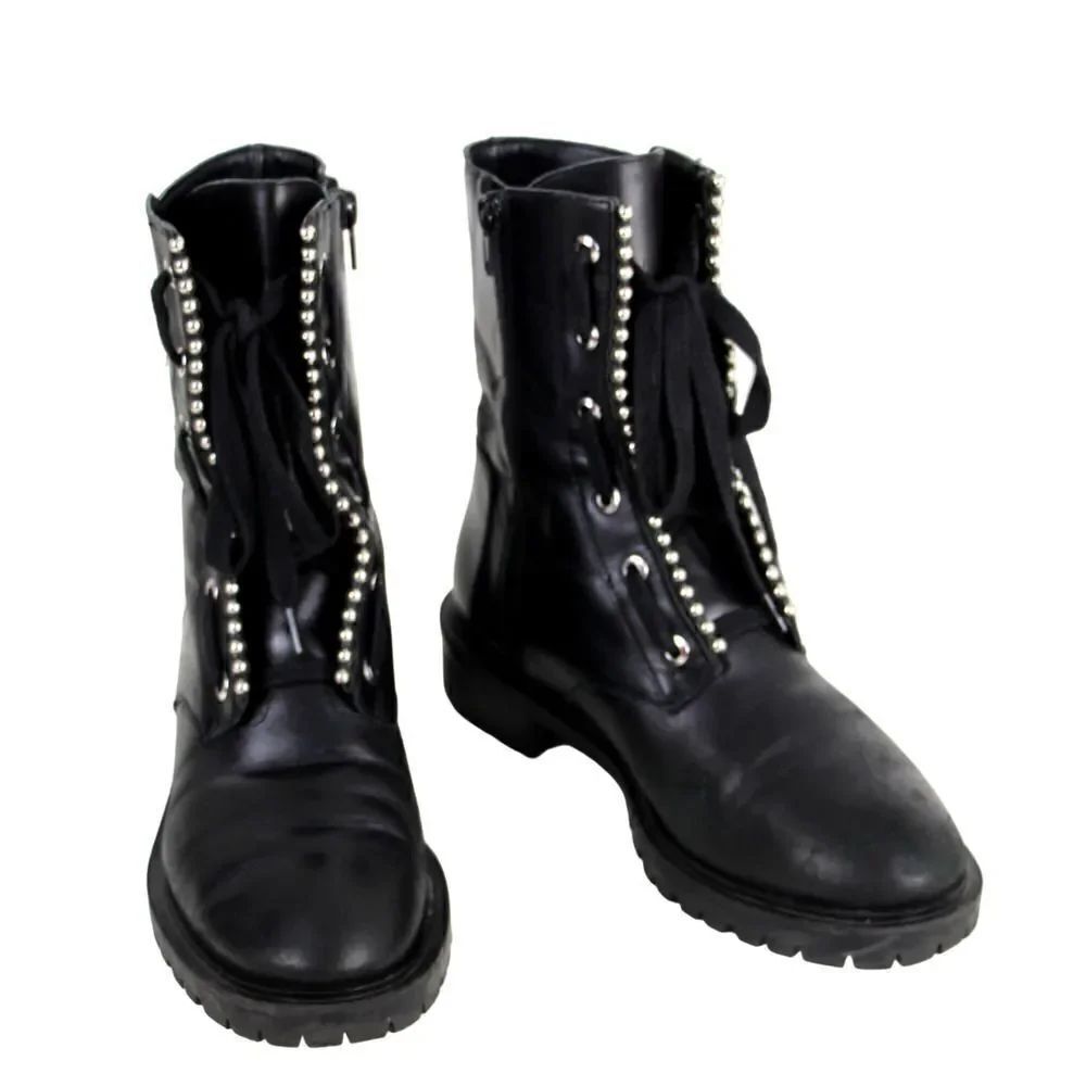 Zara BLACK GENUINE LEATHER ZIP SIDE LACE UP LOW HEEL ROUND TOE ANKLE BOOTS Sz 37